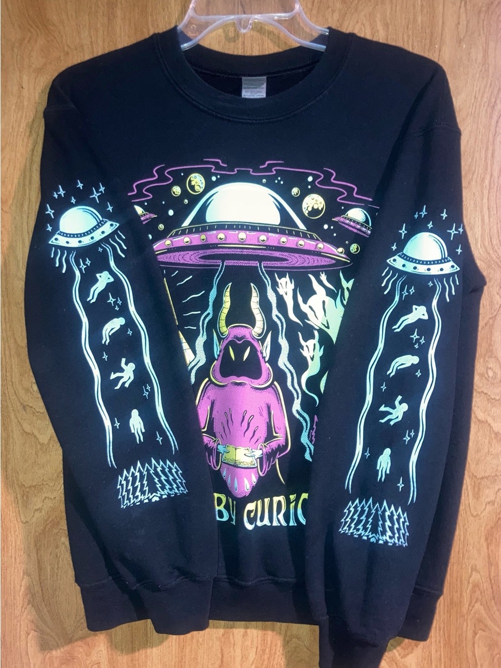 Wicked Clothing Black Graphic Alien Crewneck Sweatshirt - Pink & Teal UFO Design